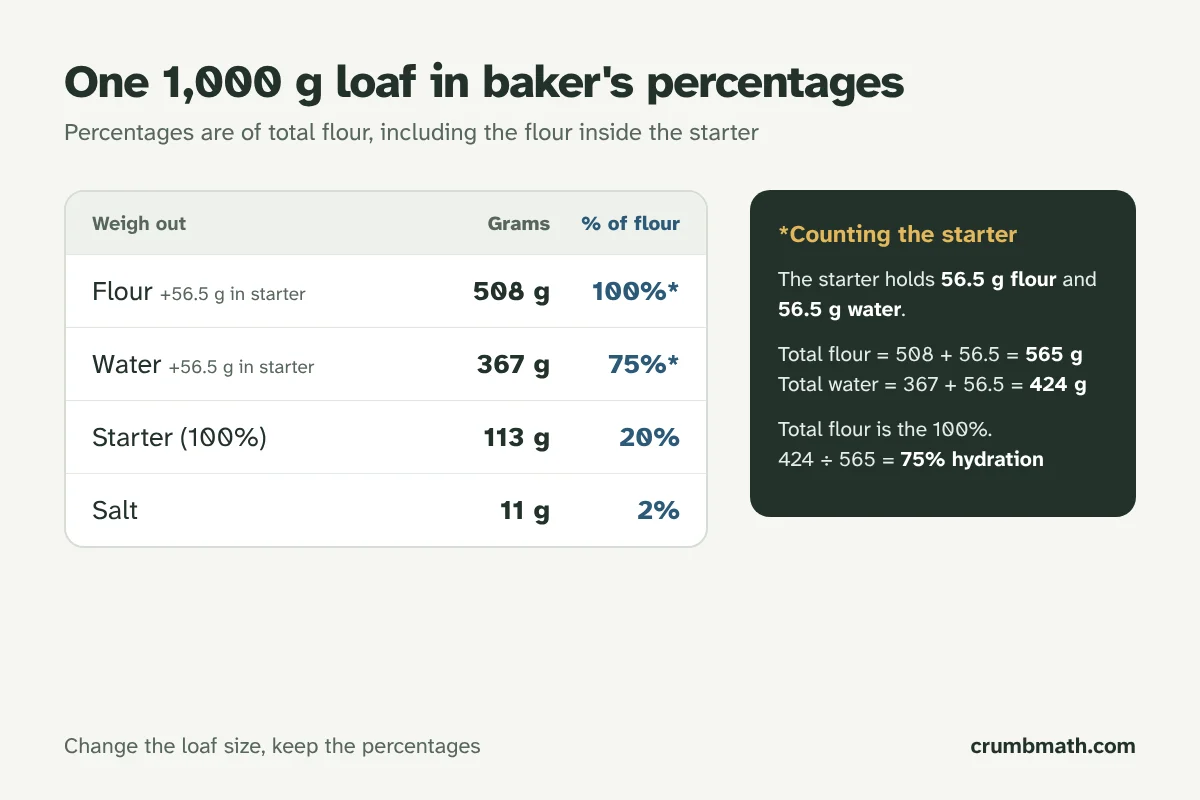 A sourdough recipe shown in grams and in baker's percentages: 508 g flour, 367 g water, 113 g starter and 11 g salt, equal to 75% hydration, 20% starter and 2% salt